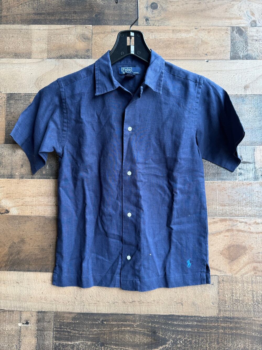 Polo Ralph Lauren Boys Navy Blue 100% Linen Short Sleeve Button-Down Shirt Size7